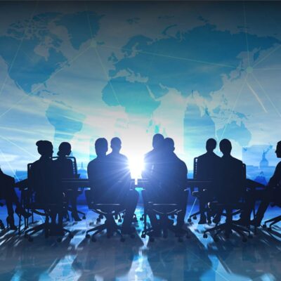 World Management Team in office silhouette 3d rendering