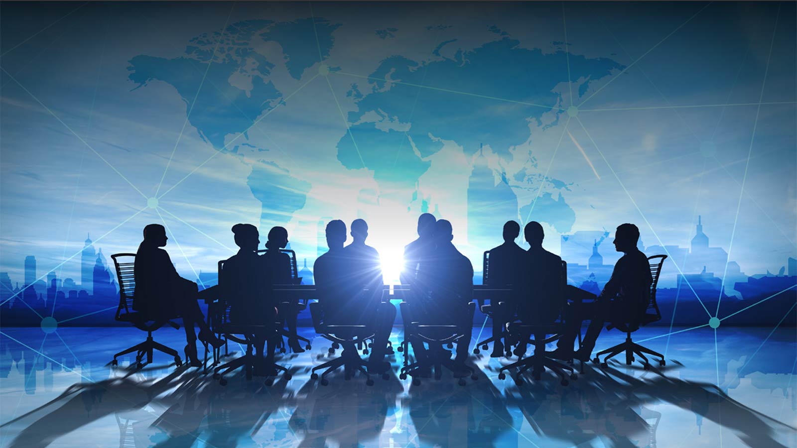 World Management Team in office silhouette 3d rendering