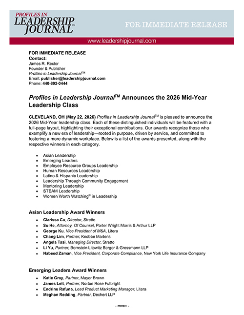 Press Release Profiles in Leadership Journal Announces the 2026 Mid-Year Leadership Class